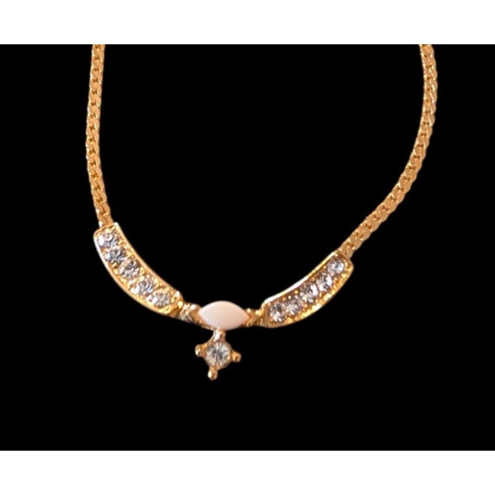 Vintage Gold Tone Necklace Rhinestone White Cabochon Drop Flat Curb Chain 16in